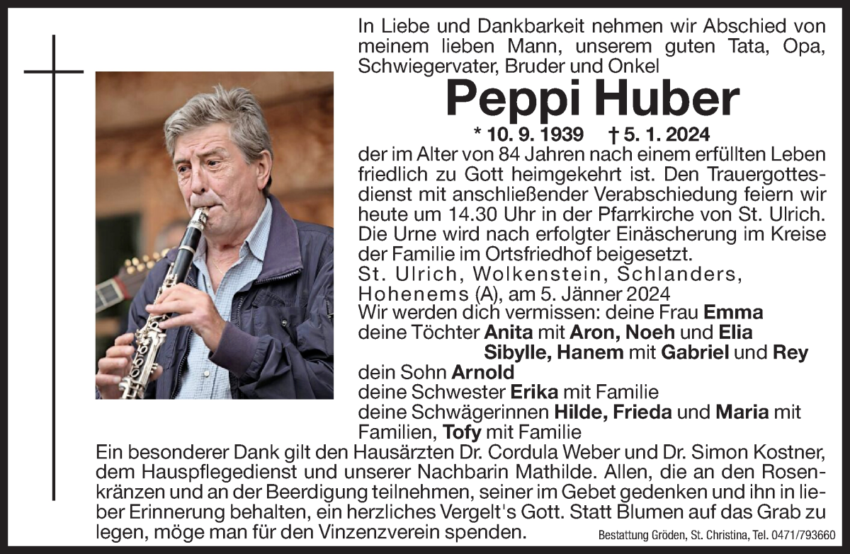  Traueranzeige für Peppi Huber vom 08.01.2024 aus Dolomiten