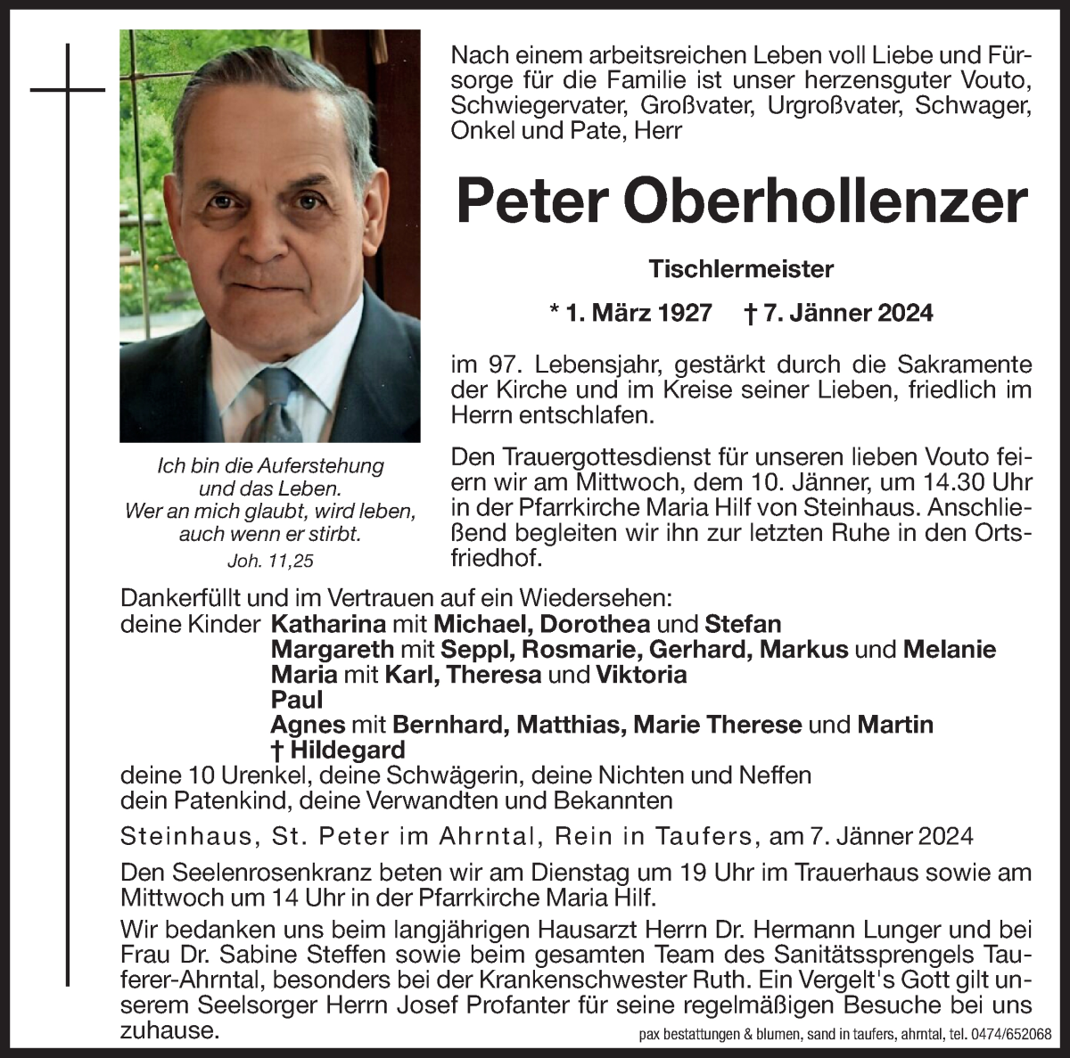  Traueranzeige für Peter Oberhollenzer vom 09.01.2024 aus Dolomiten