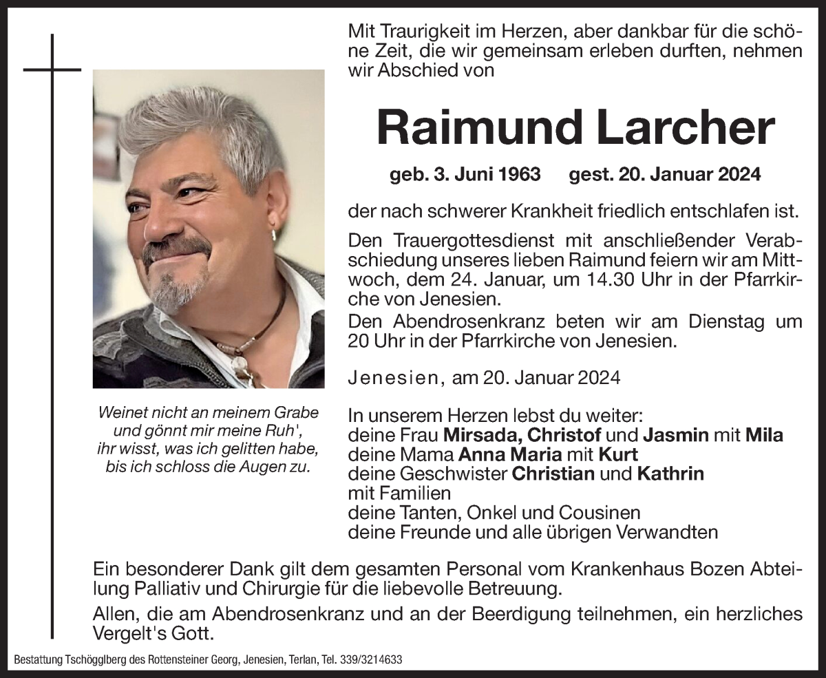  Traueranzeige für Raimund Larcher vom 22.01.2024 aus Dolomiten