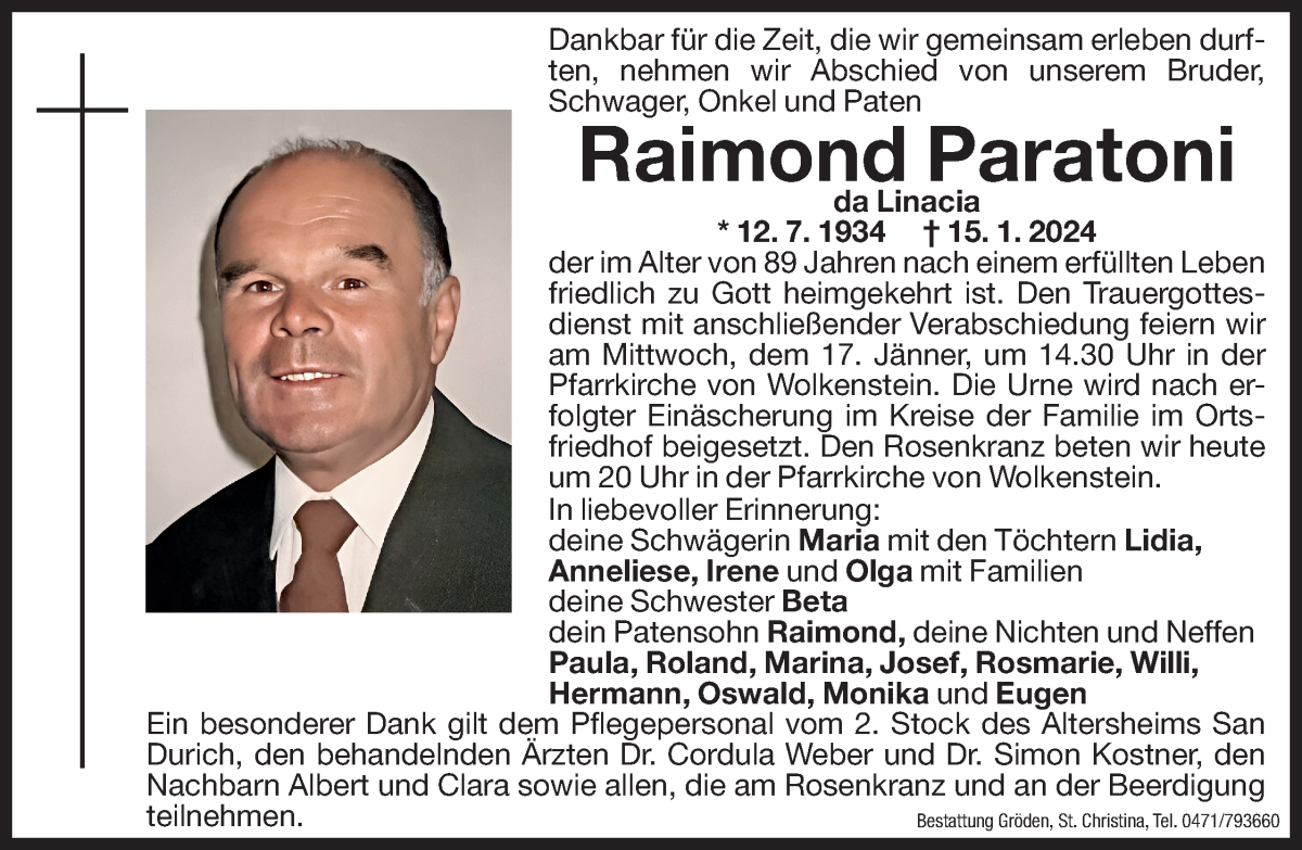  Traueranzeige für Raimund Paratoni vom 16.01.2024 aus Dolomiten