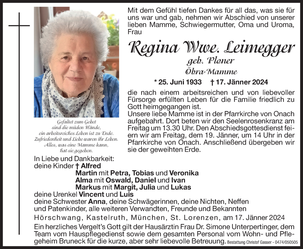  Traueranzeige für Regina Leimegger vom 19.01.2024 aus Dolomiten