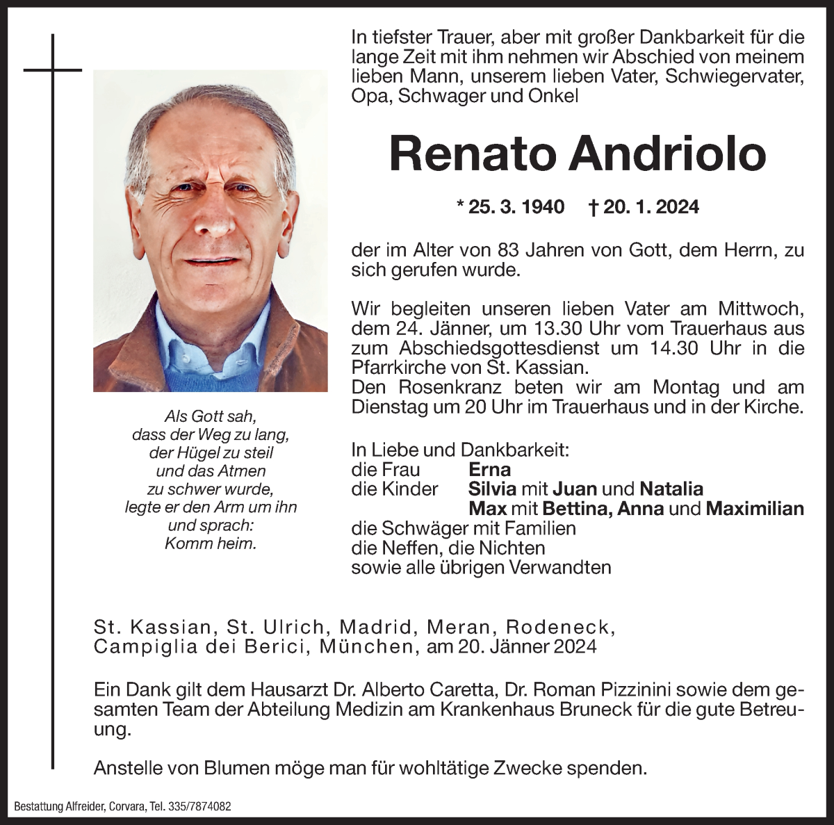  Traueranzeige für Renato Andriolo vom 22.01.2024 aus Dolomiten