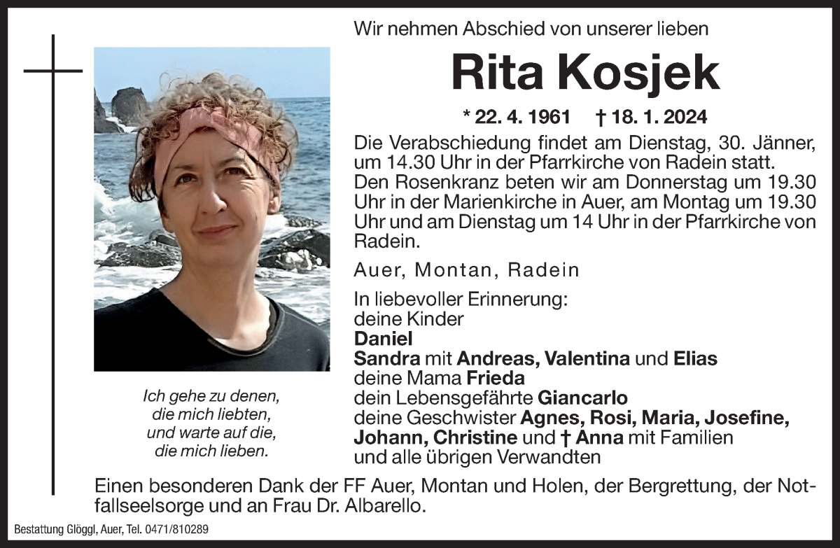 Traueranzeige für Rita Kosjek vom 24.01.2024 aus Dolomiten