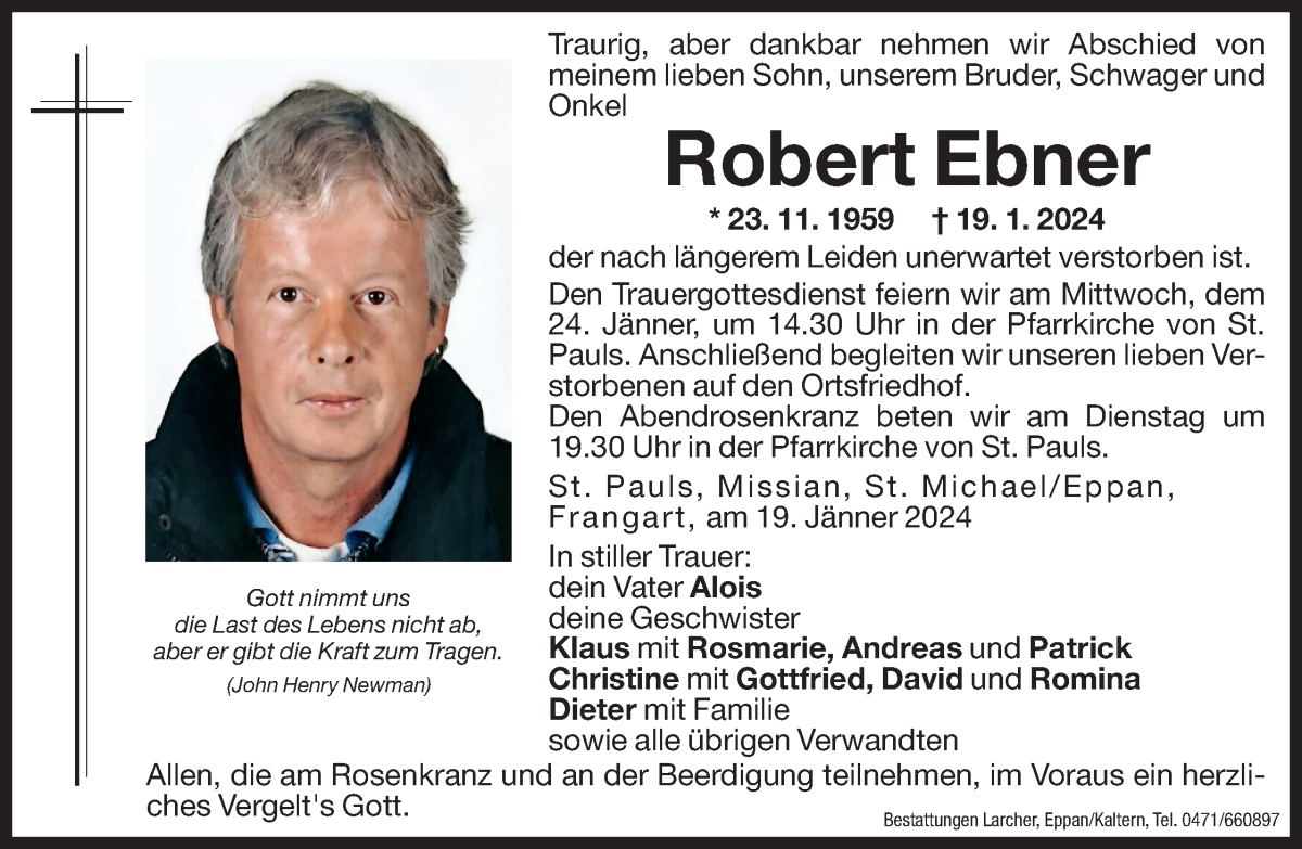  Traueranzeige für Robert Ebner vom 23.01.2024 aus Dolomiten