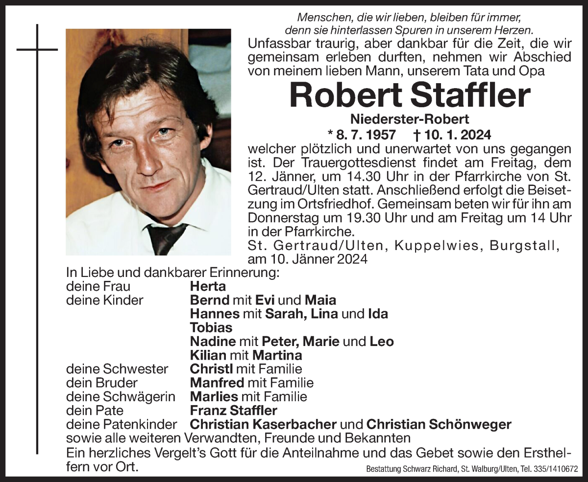  Traueranzeige für Robert Staffler vom 11.01.2024 aus Dolomiten