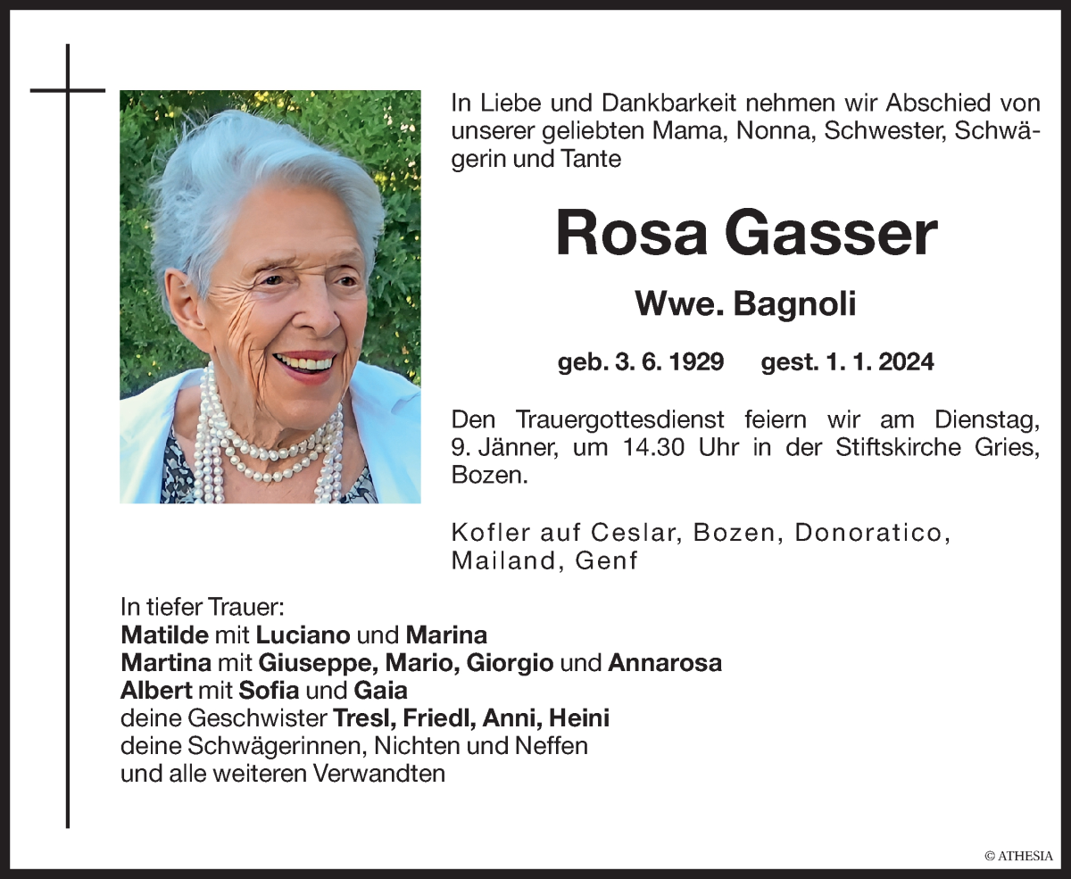  Traueranzeige für Rosa Bagnoli vom 05.01.2024 aus Dolomiten