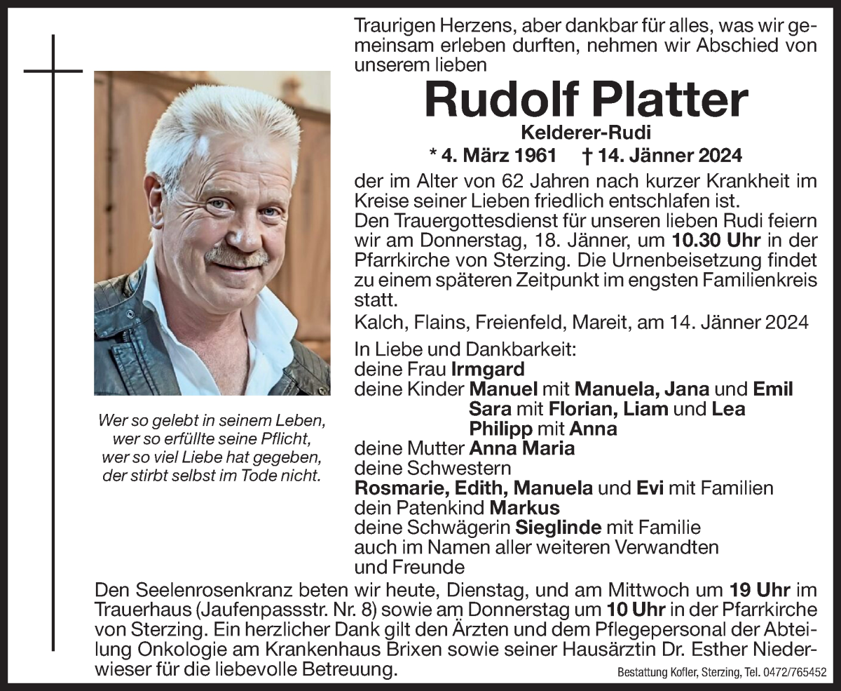  Traueranzeige für Rudolf Platter vom 16.01.2024 aus Dolomiten