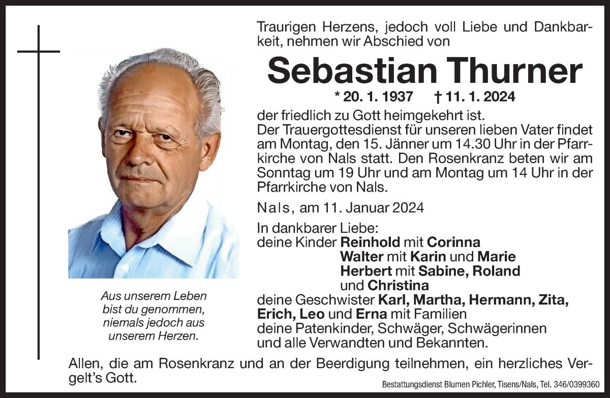  Traueranzeige für Sebastian Thurner vom 12.01.2024 aus Dolomiten