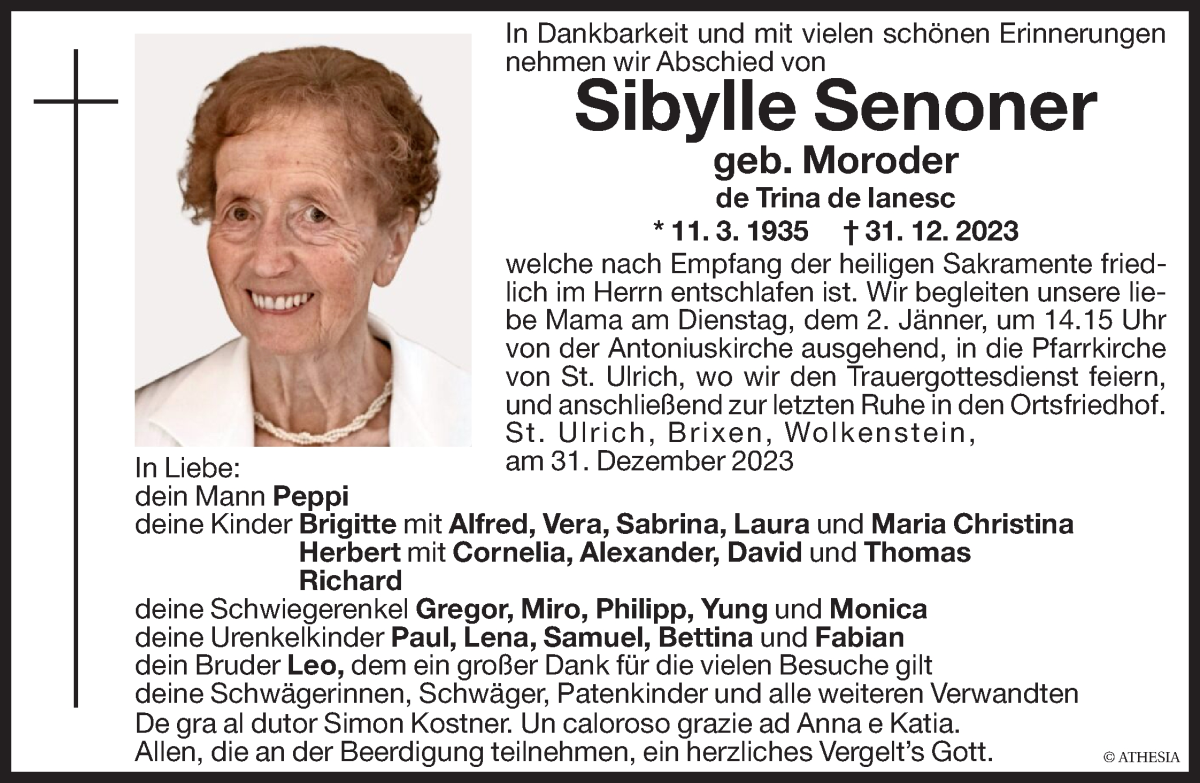 Traueranzeige für Sibylle Senoner vom 02.01.2024 aus Dolomiten