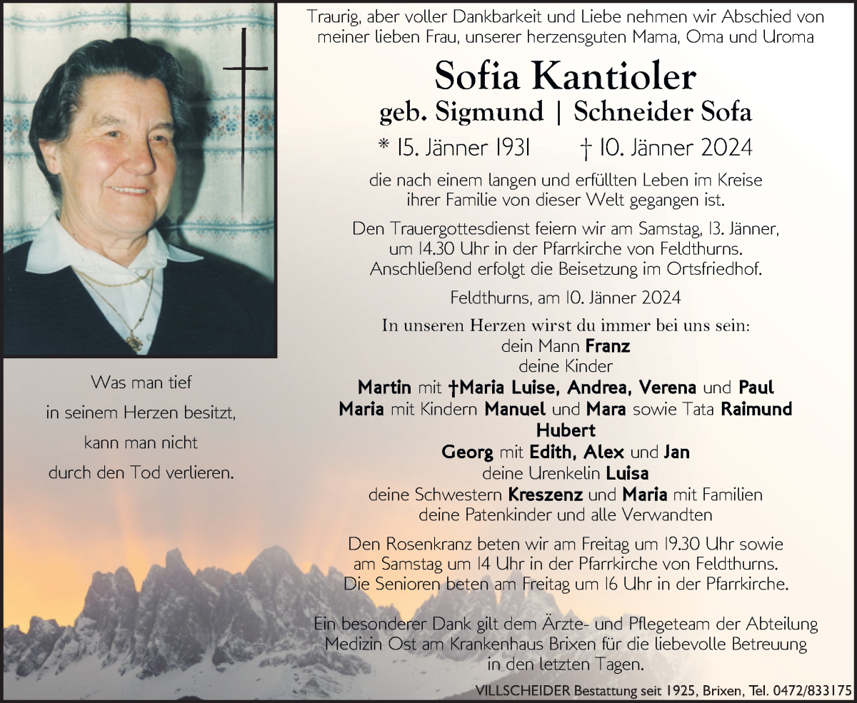  Traueranzeige für Sofia Kantioler vom 12.01.2024 aus Dolomiten