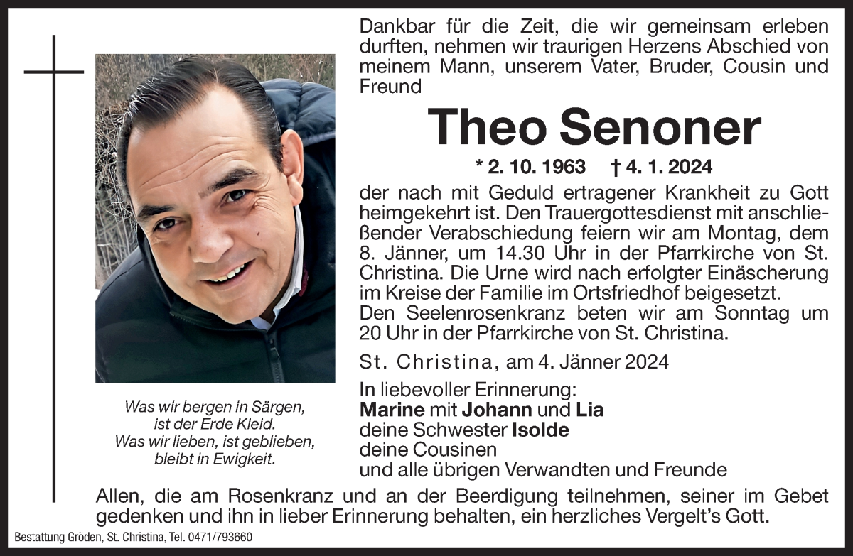  Traueranzeige für Theo Senoner vom 05.01.2024 aus Dolomiten