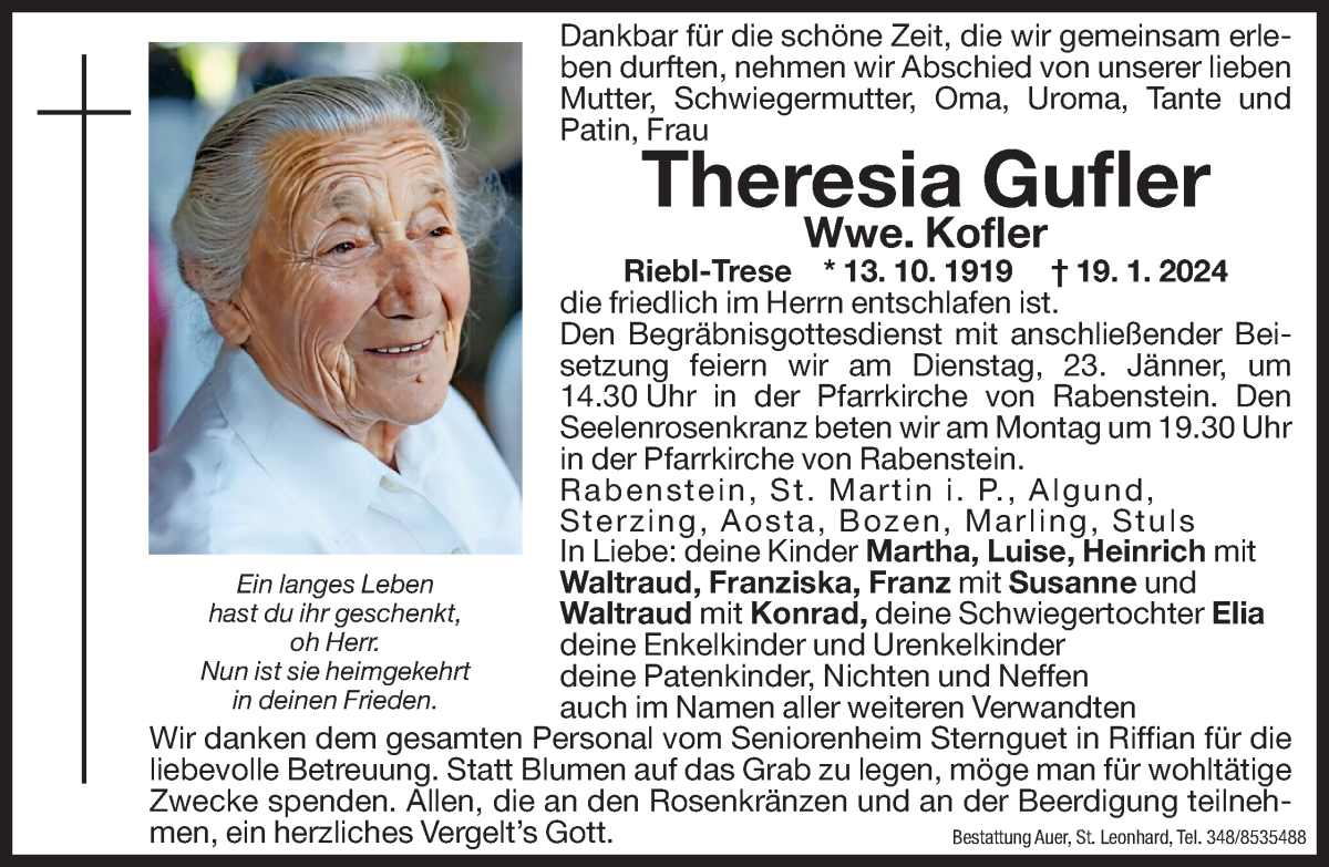  Traueranzeige für Theresia Kofler vom 22.01.2024 aus Dolomiten