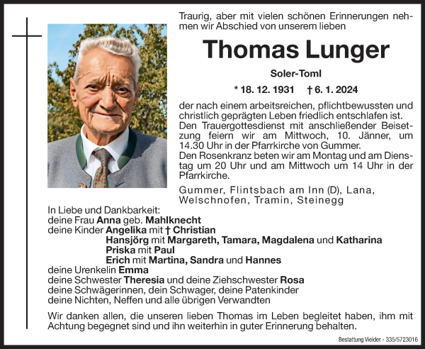 Traueranzeige von Thomas Lunger von Dolomiten