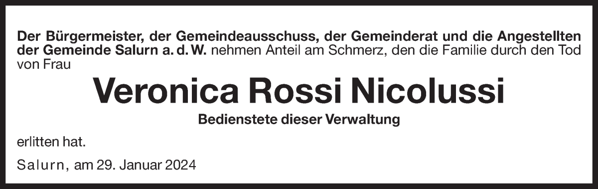  Traueranzeige für Veronica Rossi Nicolussi vom 29.01.2024 aus Dolomiten