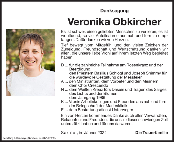 Traueranzeige von Veronika Obkircher von Dolomiten