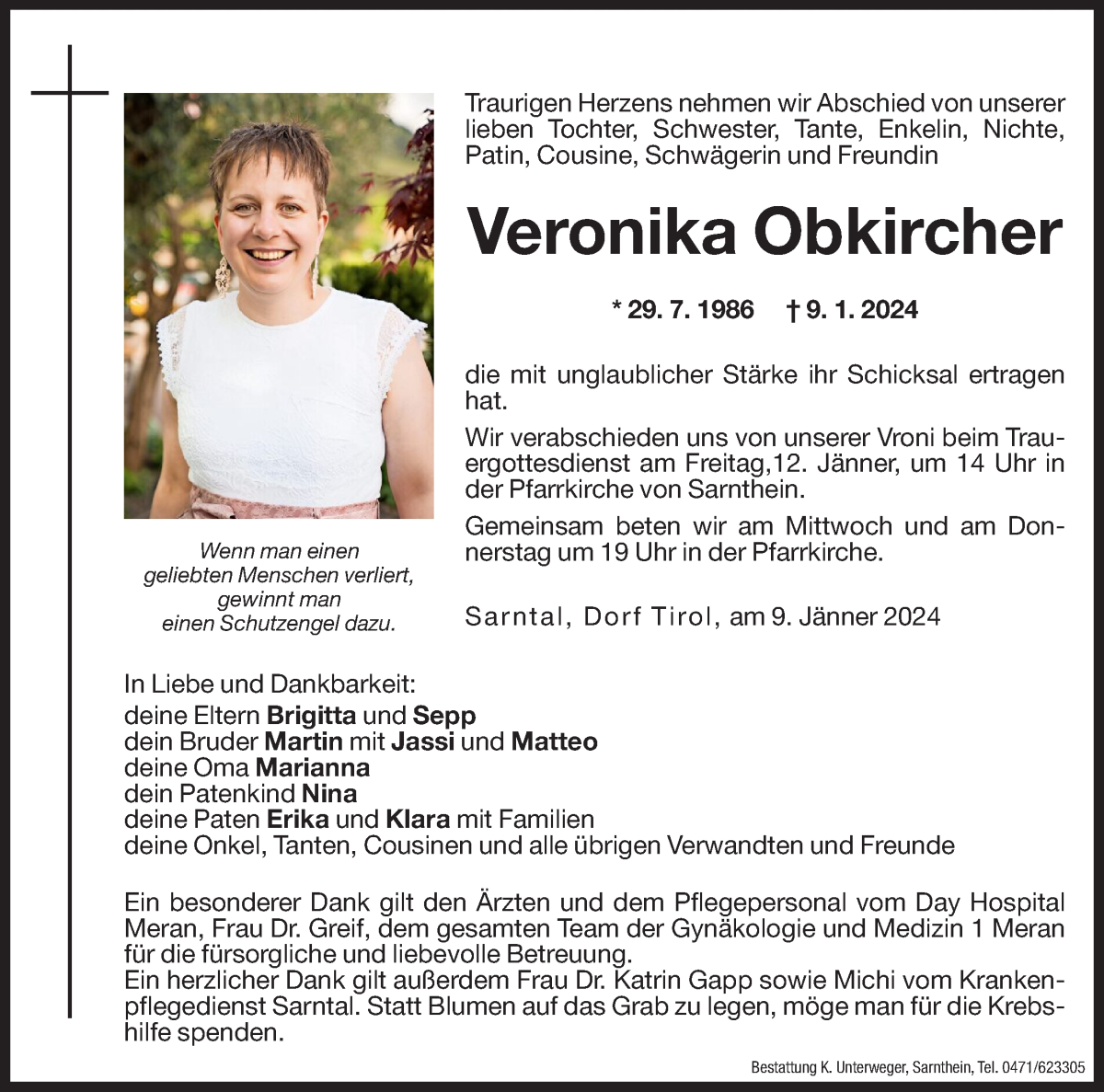  Traueranzeige für Veronika Obkircher vom 10.01.2024 aus Dolomiten