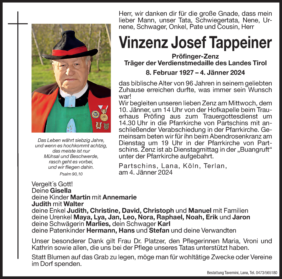  Traueranzeige für Vinzenz Josef Tappeiner vom 08.01.2024 aus Dolomiten