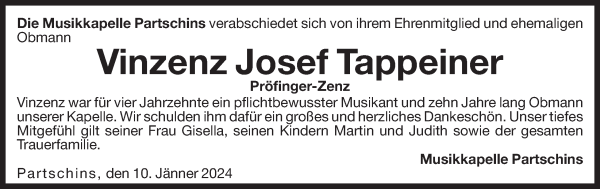Traueranzeige von Vinzenz Josef Tappeiner von Dolomiten