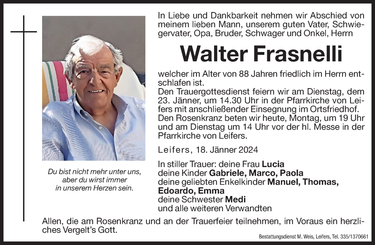  Traueranzeige für Walter Frasnelli vom 22.01.2024 aus Dolomiten