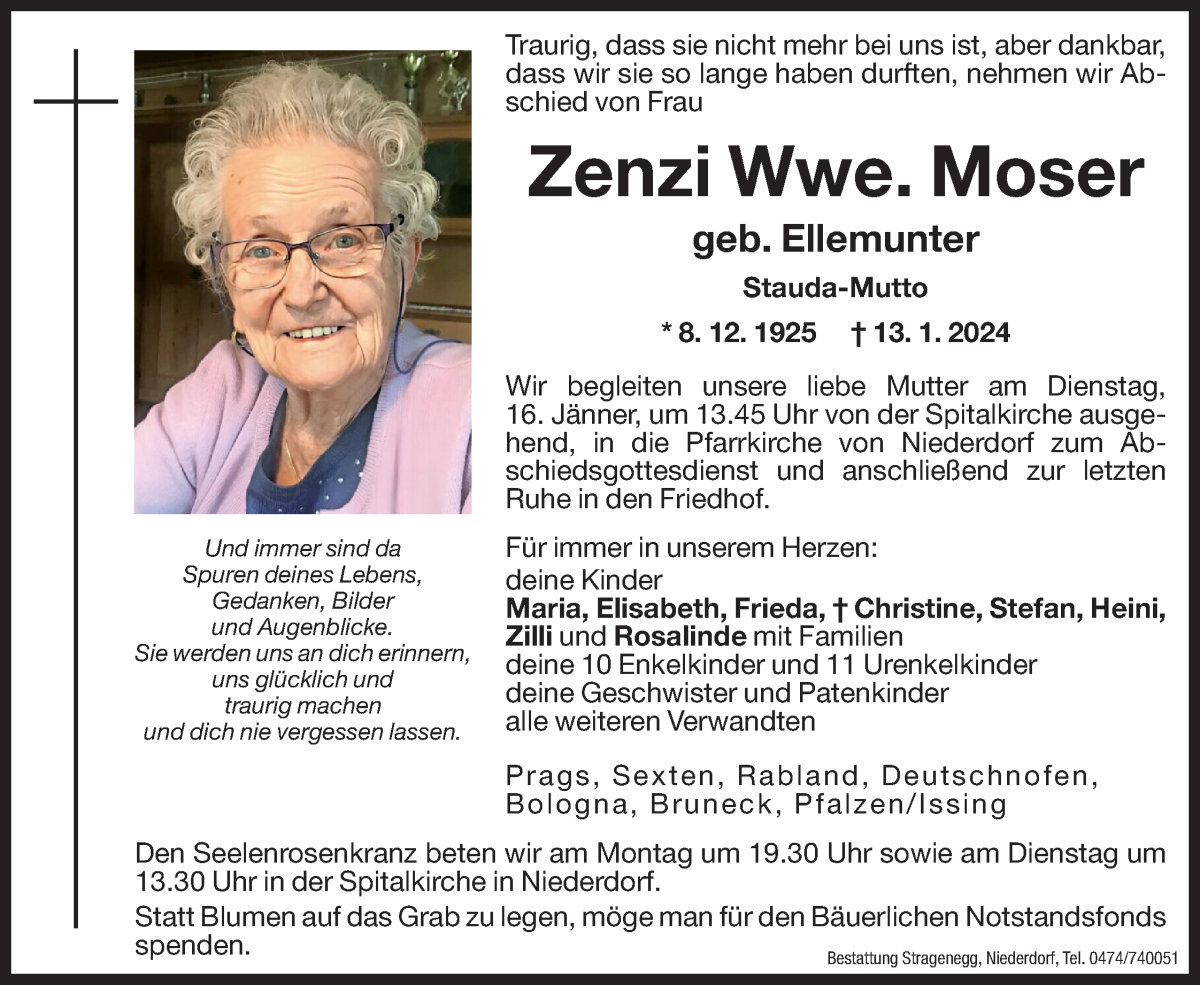  Traueranzeige für Zenzi Moser vom 15.01.2024 aus Dolomiten