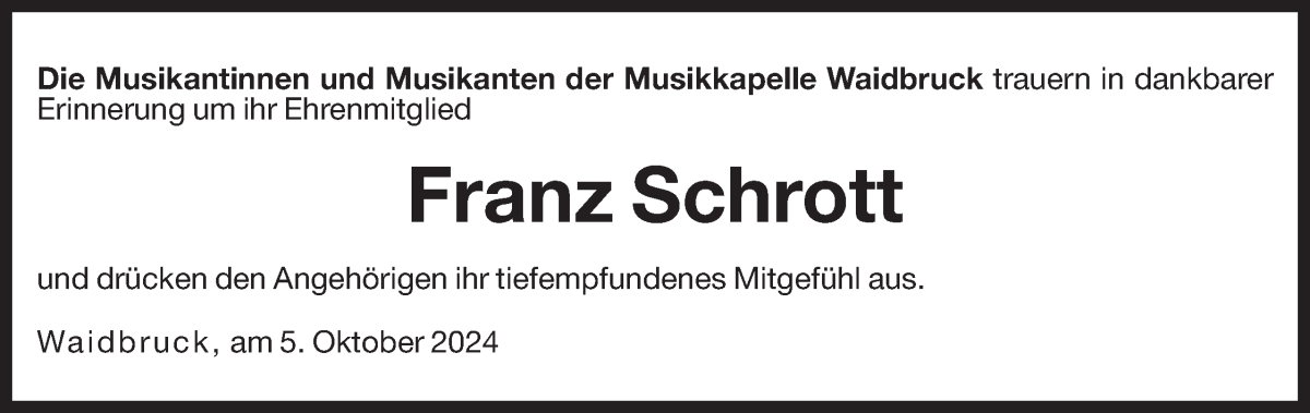  Traueranzeige für Franz Schrott vom 07.10.2024 aus Dolomiten