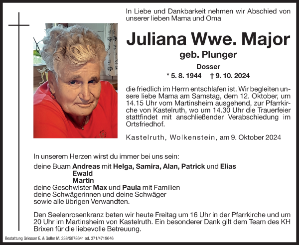 Traueranzeige von Juliana Major von Dolomiten