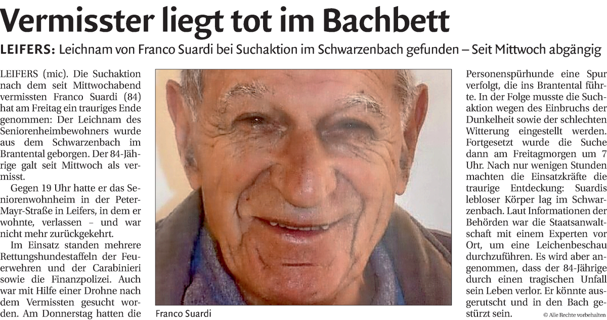  Traueranzeige für Franco Suardi vom 05.10.2024 aus Dolomiten