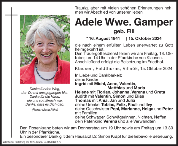 Traueranzeige von Adele Gamper von Dolomiten