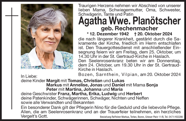 Traueranzeige von Agatha Planötscher von Dolomiten