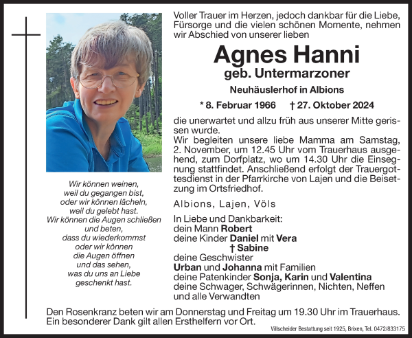 Traueranzeige von Agnes Hanni von Dolomiten