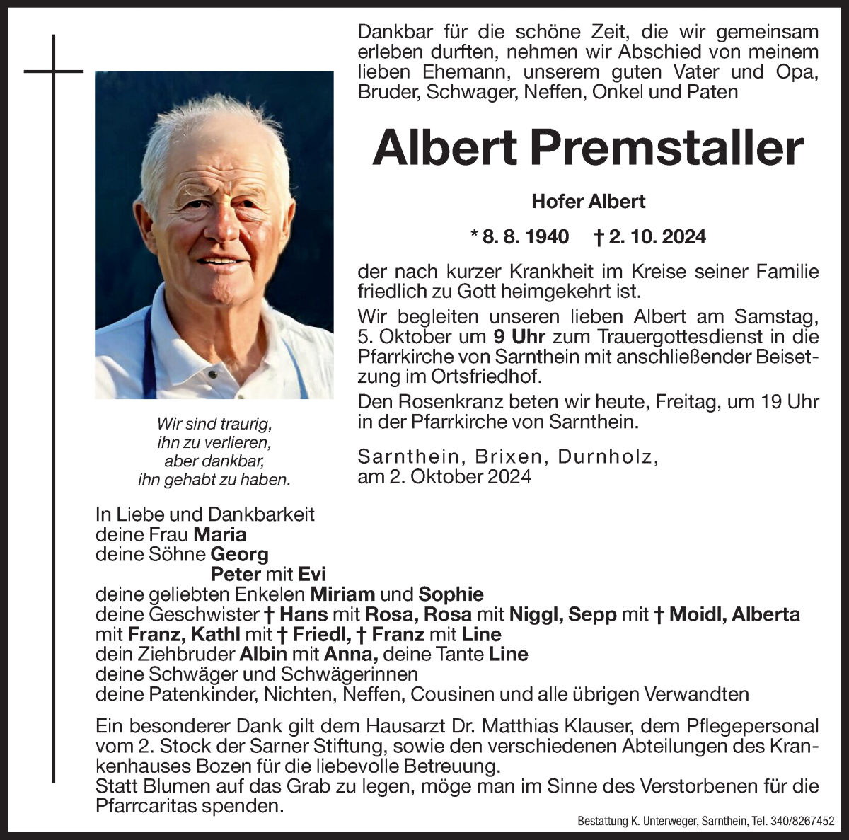  Traueranzeige für Albert Premstaller vom 04.10.2024 aus Dolomiten