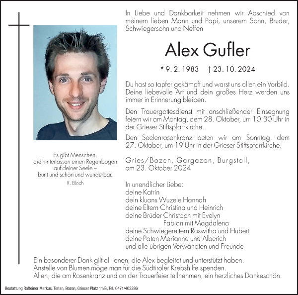 Traueranzeige von Alex Gufler von Dolomiten