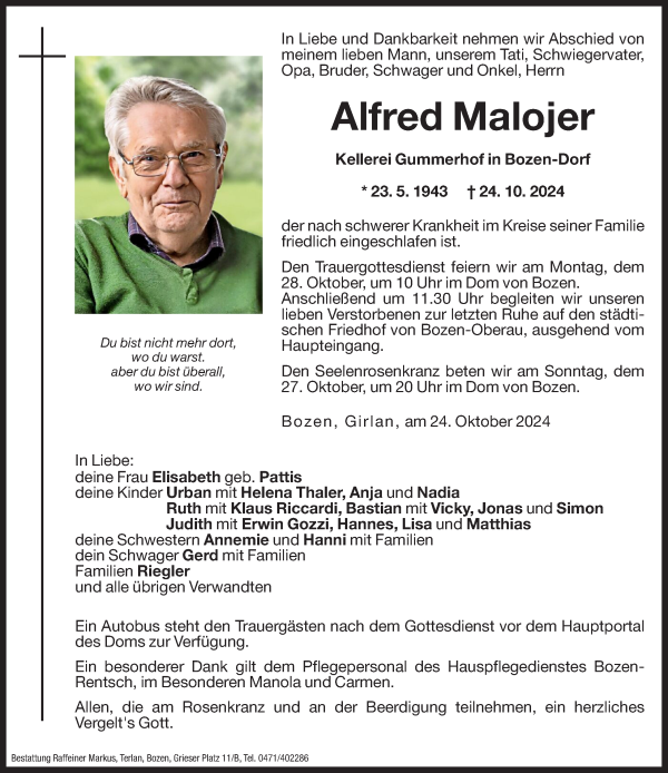 Traueranzeige von Alfred Malojer von Dolomiten