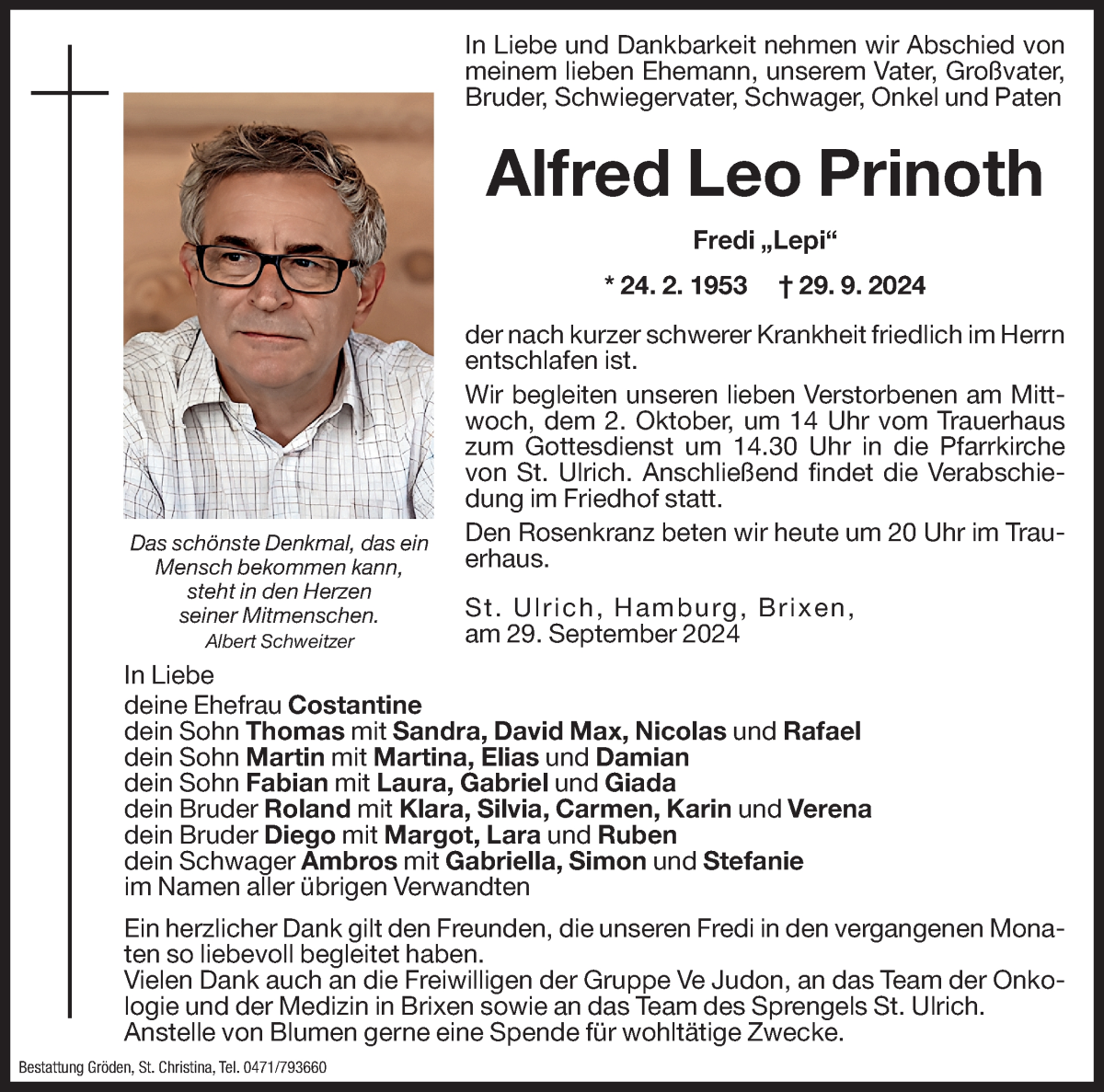  Traueranzeige für Alfred Leo Prinoth vom 01.10.2024 aus Dolomiten