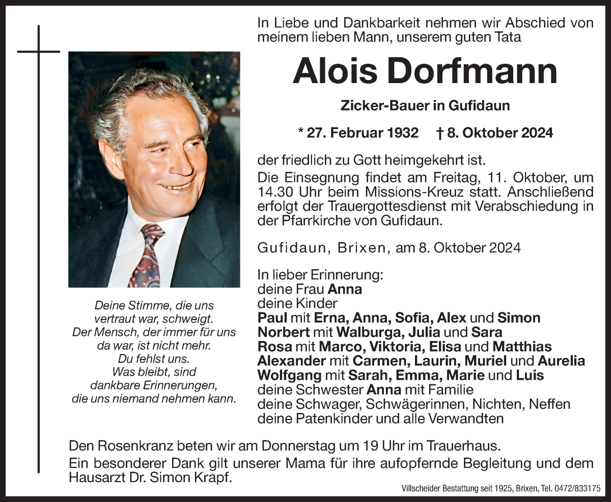  Traueranzeige für Alois Dorfmann vom 10.10.2024 aus Dolomiten