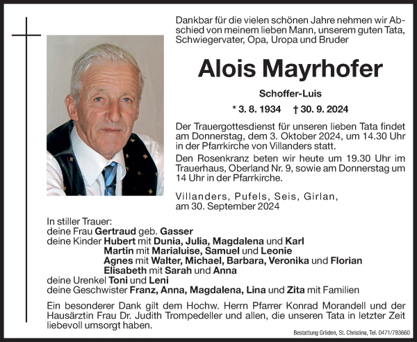 Traueranzeige von Alois Mayrhofer von Dolomiten