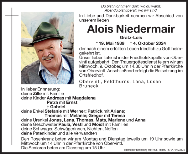 Traueranzeige von Alois Niedermair von Dolomiten