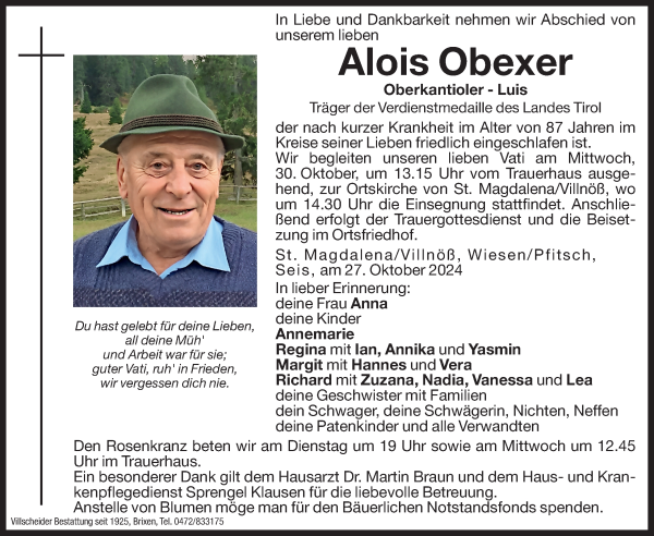 Traueranzeige von Alois Obexer von Dolomiten