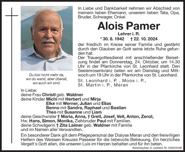 Traueranzeige von Alois Pamer von Dolomiten