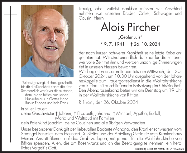 Traueranzeige von Alois Pircher von Dolomiten