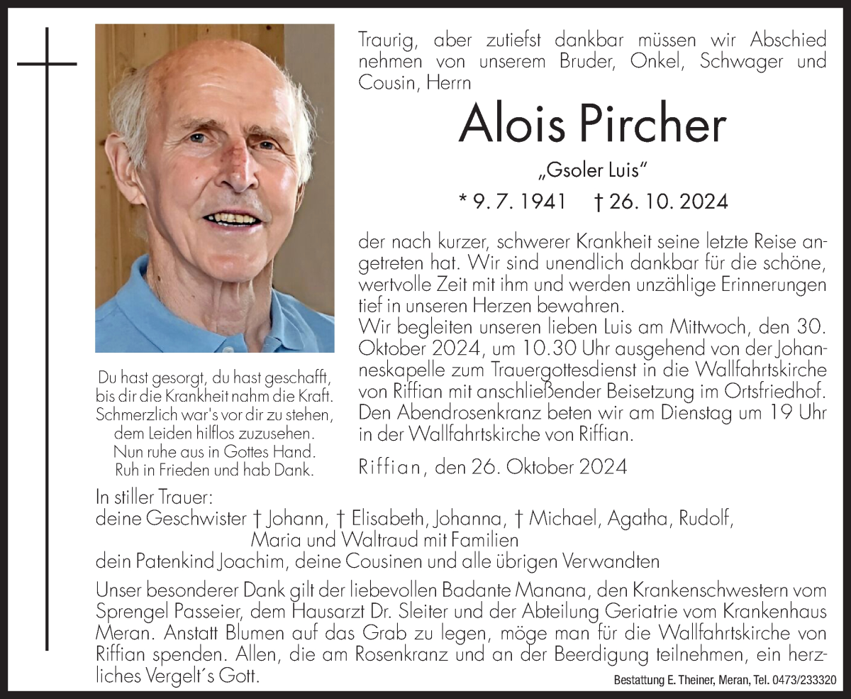  Traueranzeige für Alois Pircher vom 29.10.2024 aus Dolomiten