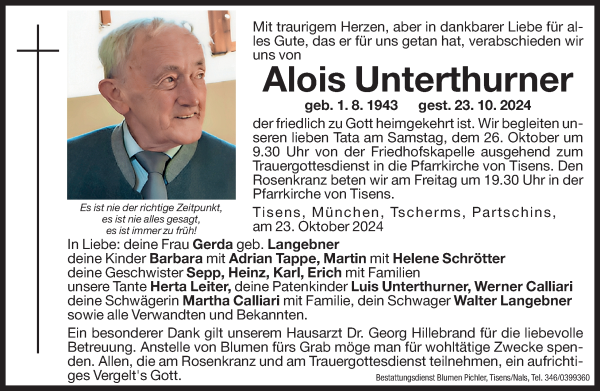 Traueranzeige von Alois Unterthurner von Dolomiten