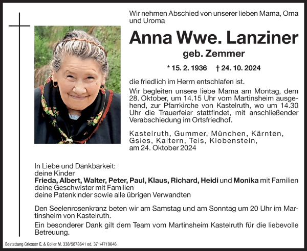 Traueranzeige von Anna Lanziner von Dolomiten