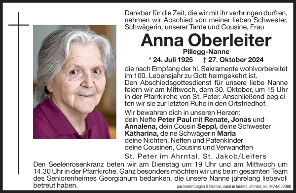 Traueranzeige von Anna Oberleiter von Dolomiten