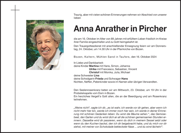 Traueranzeige von Anna Pircher von Dolomiten