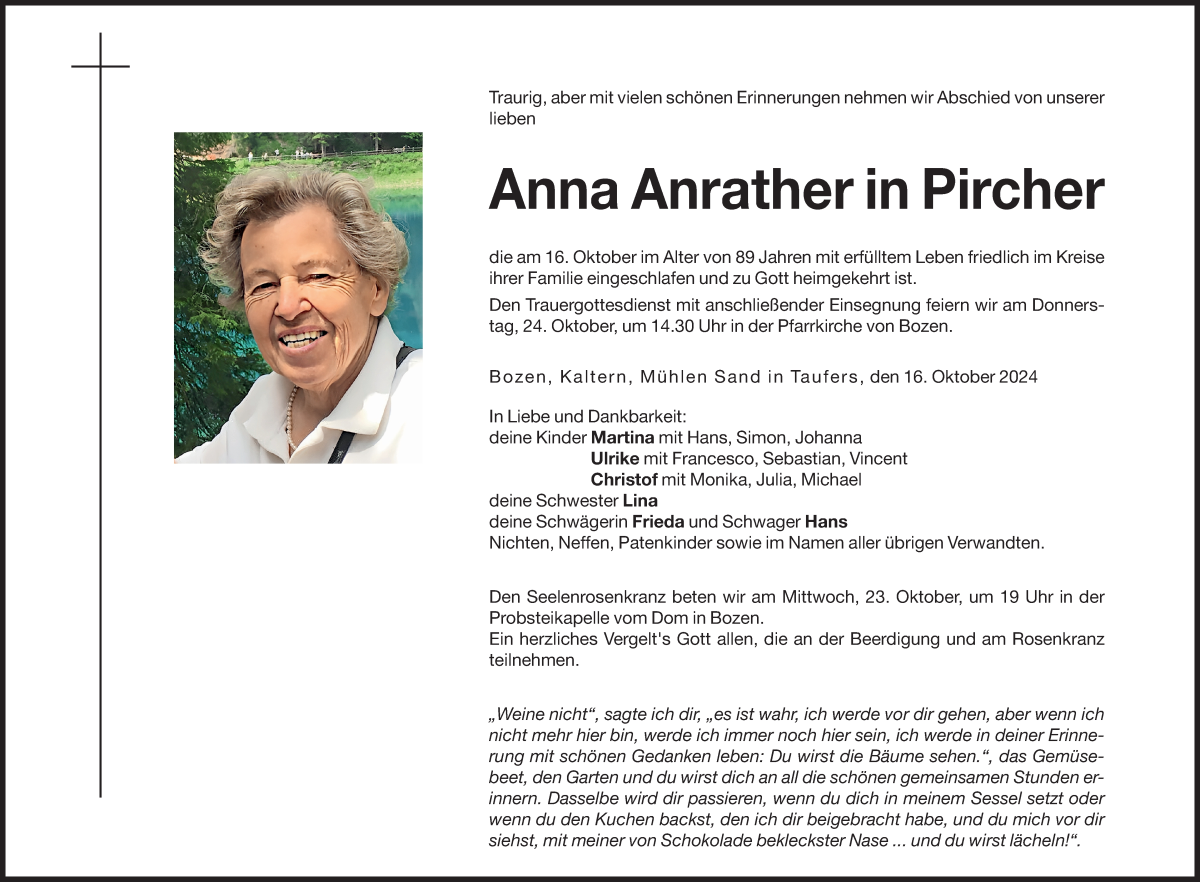  Traueranzeige für Anna Pircher vom 19.10.2024 aus Dolomiten