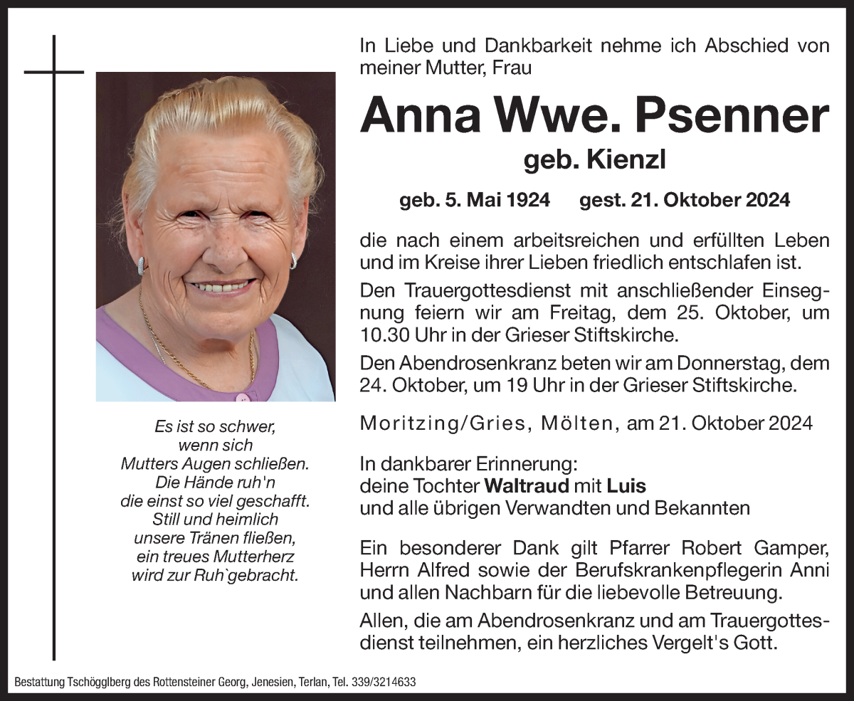  Traueranzeige für Anna Psenner vom 23.10.2024 aus Dolomiten