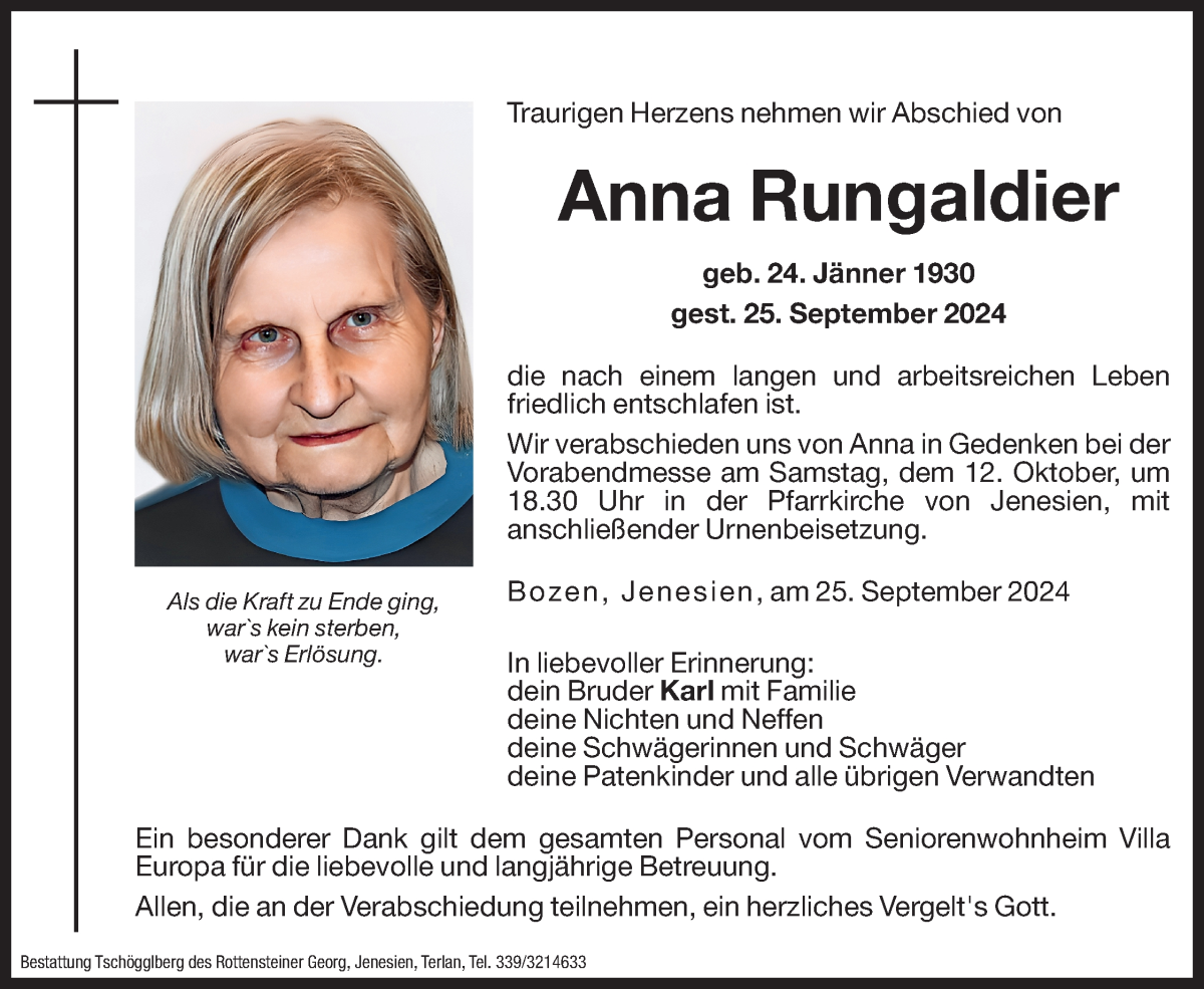  Traueranzeige für Anna Rungaldier vom 11.10.2024 aus Dolomiten