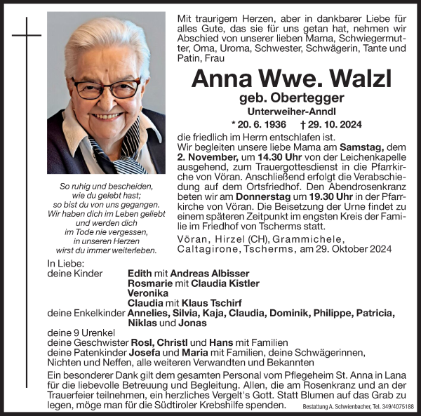 Traueranzeige von Anna Walzl von Dolomiten