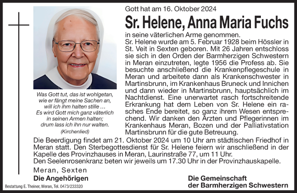 Traueranzeige von Anna Maria, Sr. Helene Fuchs von Dolomiten